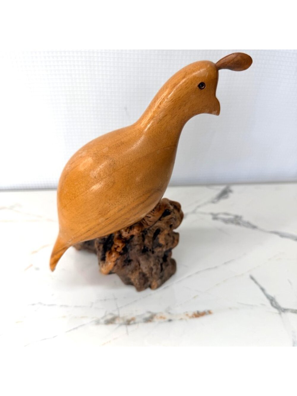 Hand-Carved Wooden Quail Figurine On Natural Burl Wood Base - Rustic Home Décor - Picture 3 of 11